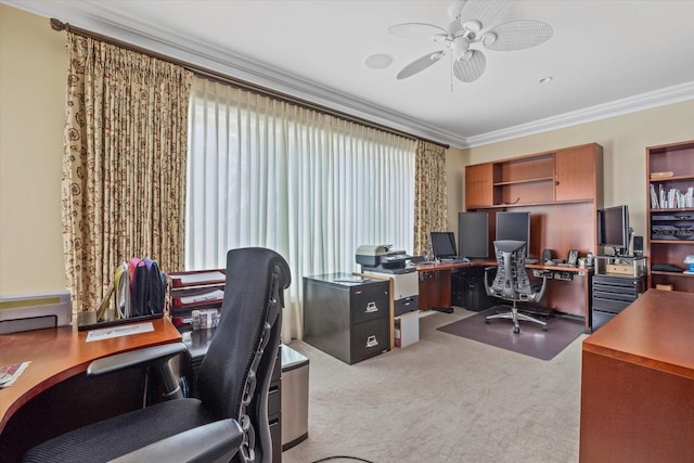 1364 Point Crisp Rd, Sarasota, FL 34242 - office space with ornamental molding, a ceiling fan, and light carpet