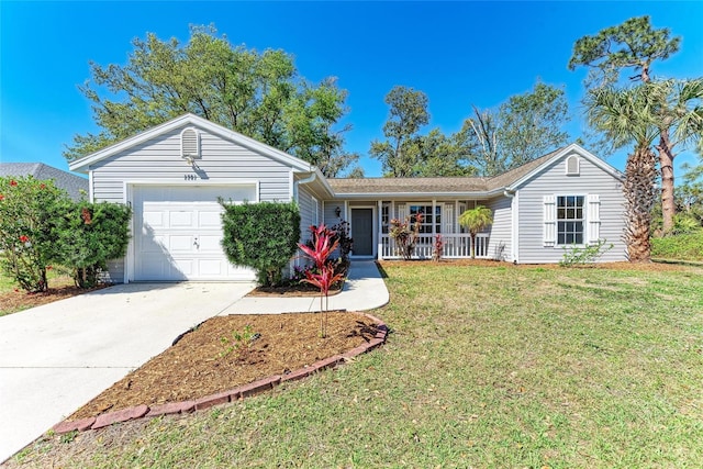 ranch-style home featuring a garage, a front yard, and concrete driveway