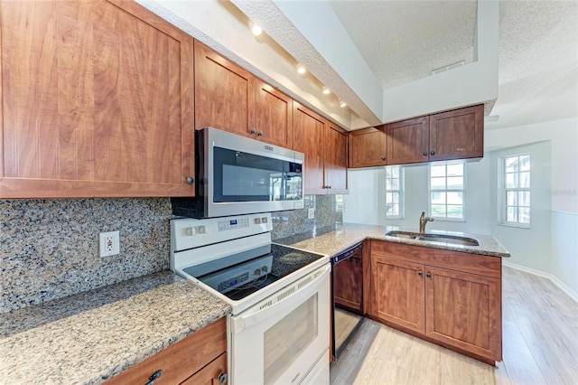 kitchen with dishwasher, light wood-style flooring, stainless steel microwave, white electric range, and a sink