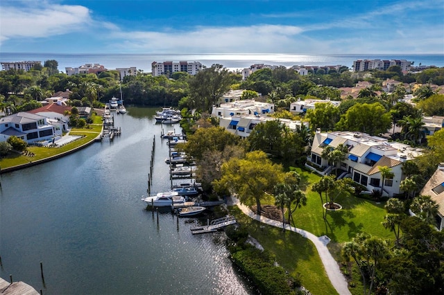 bird's eye view with a water view