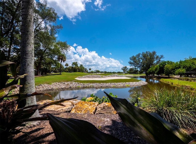 view of community featuring a yard and a water view