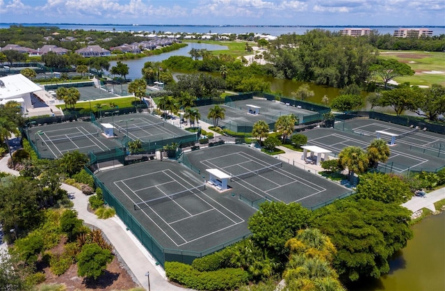 drone / aerial view with a water view