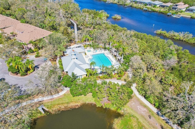 birds eye view of property featuring a water view