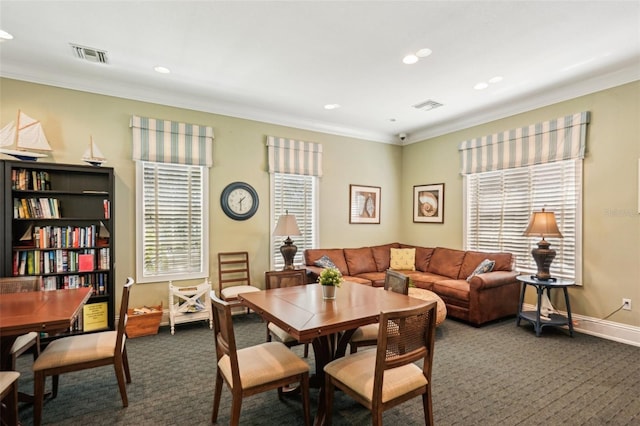 dining space featuring recessed lighting, baseboards, visible vents, and ornamental molding