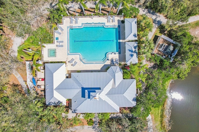 drone / aerial view with a water view