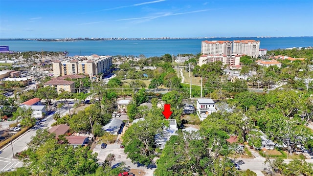 bird's eye view with a city view and a water view
