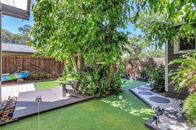 view of yard featuring a wooden deck and a fenced backyard