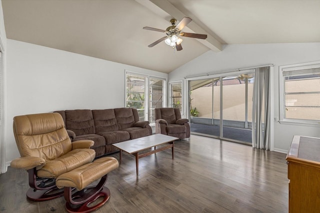 living area with lofted ceiling with beams, ceiling fan, and wood finished floors