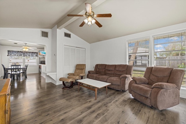 living room with a ceiling fan, beam ceiling, visible vents, and wood finished floors