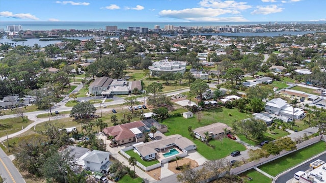 drone / aerial view with a water view