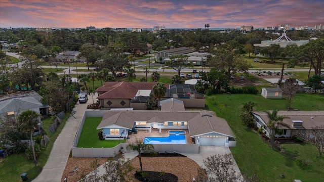 view of aerial view at dusk