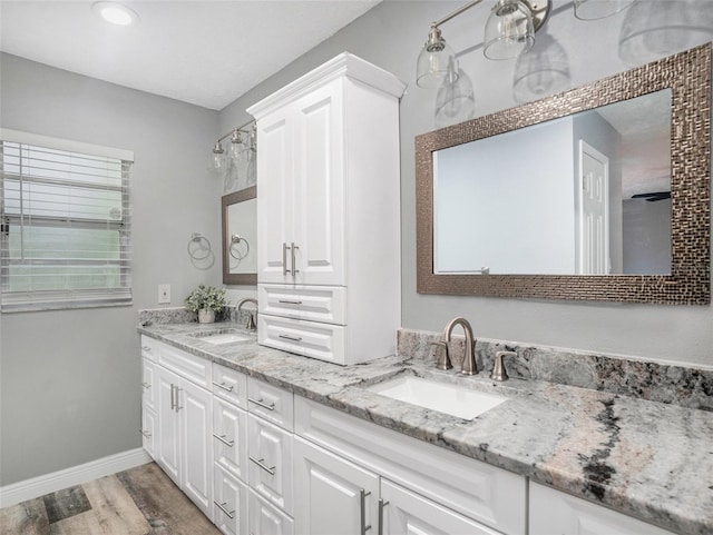 bathroom with double vanity, wood finished floors, baseboards, and a sink