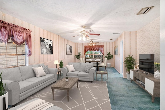 carpeted living area featuring visible vents, a textured ceiling, and wallpapered walls