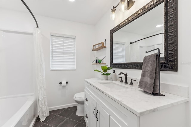 bathroom with toilet, tile patterned flooring, shower / bath combination with curtain, baseboards, and vanity