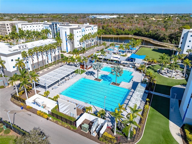 bird's eye view with a water view