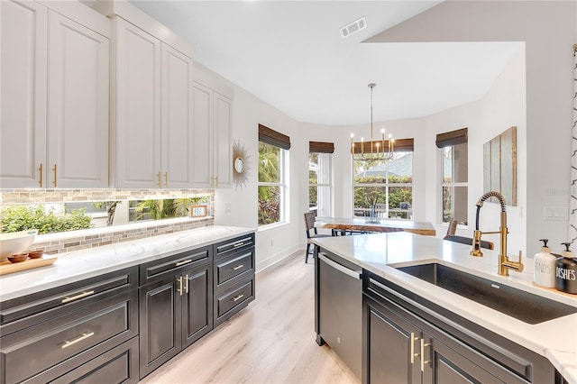 kitchen with a sink, visible vents, white cabinetry, stainless steel dishwasher, and tasteful backsplash