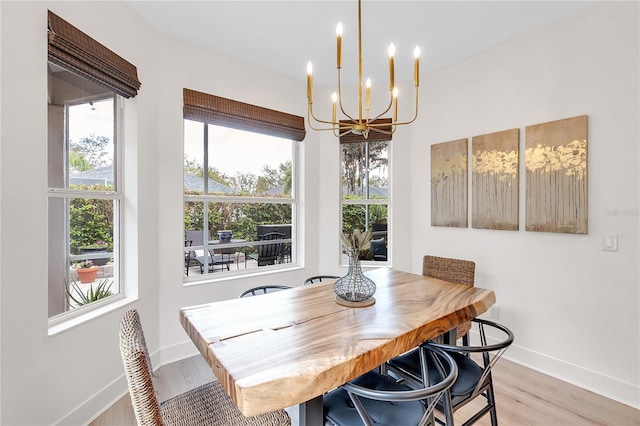 dining room with wood finished floors, a wealth of natural light, and baseboards