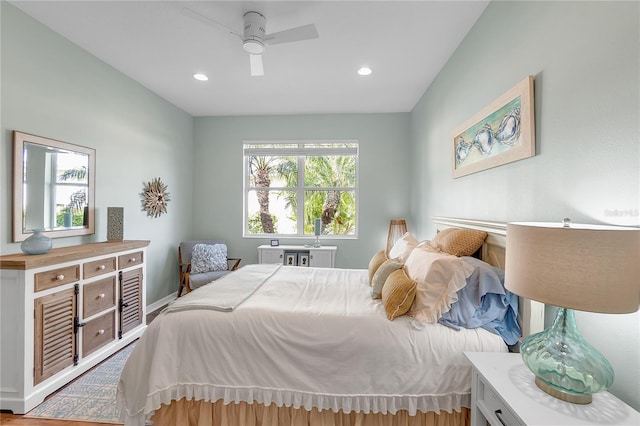 bedroom with baseboards, a ceiling fan, and recessed lighting