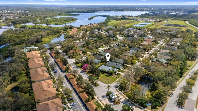 aerial view featuring a residential view and a water view