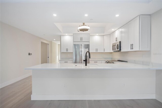 kitchen with a sink, a peninsula, recessed lighting, and stainless steel appliances