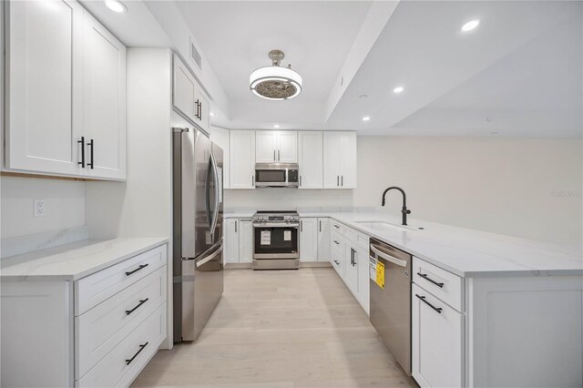 kitchen featuring a sink, light stone counters, appliances with stainless steel finishes, a peninsula, and white cabinets