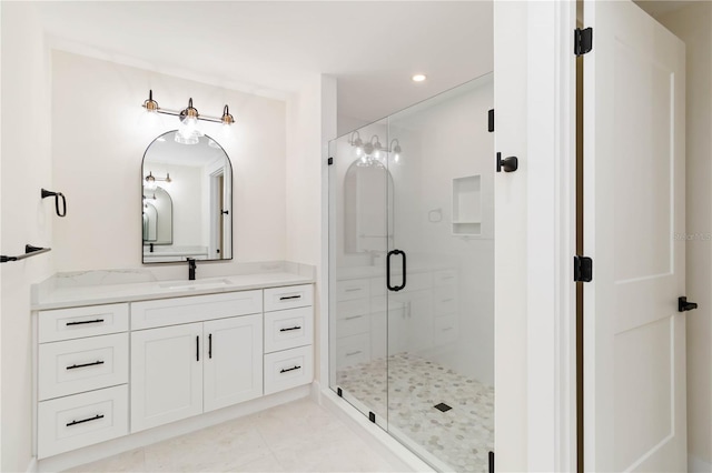 280 Hidden Bay Dr Unit 202, Osprey, FL 34229 - full bathroom featuring vanity, a shower stall, and recessed lighting