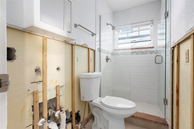 bathroom with a shower stall and toilet