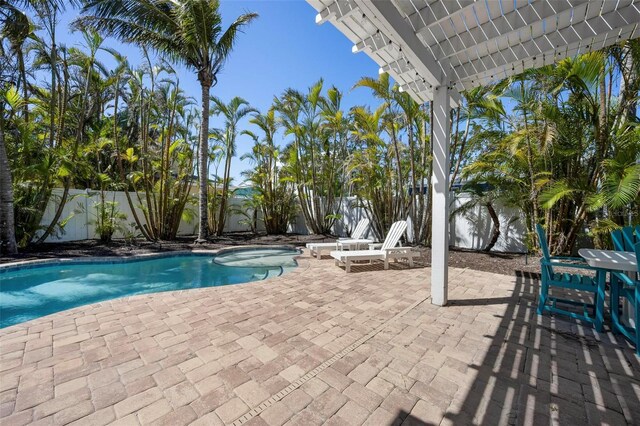 view of swimming pool featuring a patio, a fenced backyard, and a fenced in pool