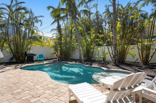 view of swimming pool featuring a patio, a fenced backyard, a fenced in pool, and grilling area