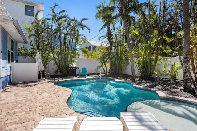 view of swimming pool featuring a patio, a fenced backyard, and a fenced in pool