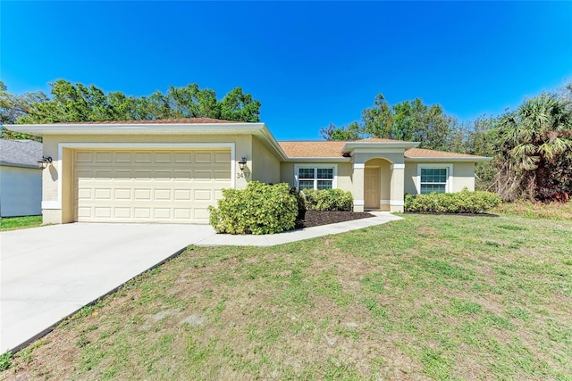 ranch-style house with a garage, driveway, a front lawn, and stucco siding