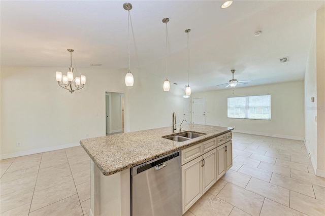 kitchen featuring visible vents, stainless steel dishwasher, open floor plan, a sink, and ceiling fan with notable chandelier