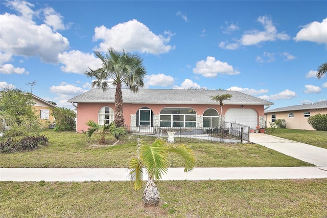 single story home with an attached garage, driveway, a front yard, and stucco siding