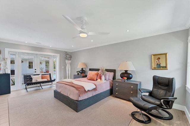 bedroom with baseboards, ceiling fan, ornamental molding, access to exterior, and french doors