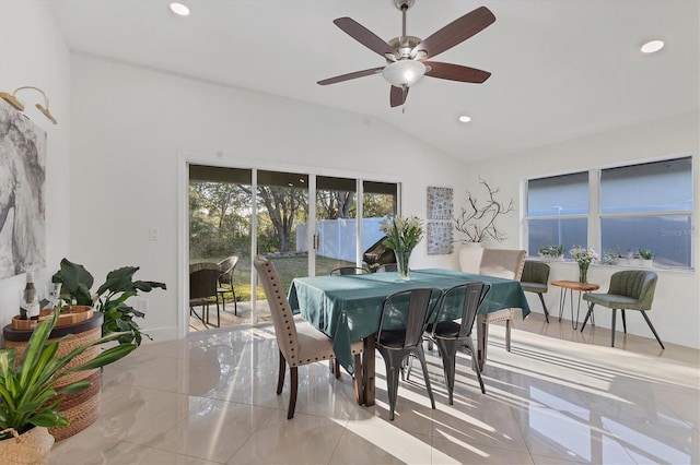 dining room with vaulted ceiling, a ceiling fan, and recessed lighting