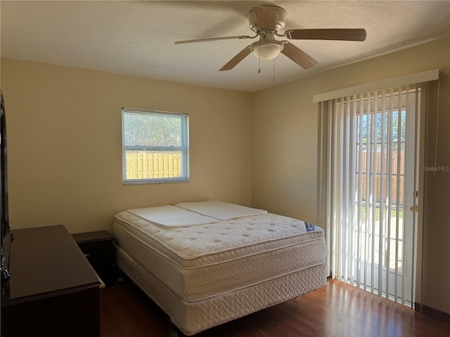 bedroom featuring a textured ceiling, multiple windows, wood finished floors, and access to exterior