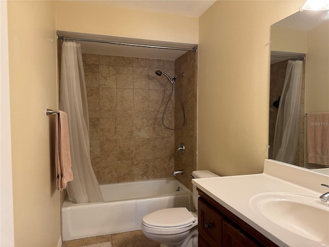 bathroom with toilet, tile patterned flooring, vanity, and shower / bathtub combination with curtain