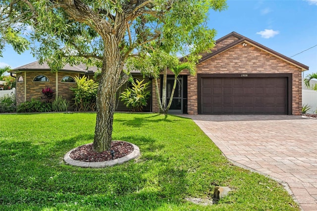 single story home with a garage, decorative driveway, brick siding, and a front lawn