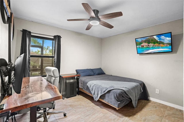 bedroom featuring ceiling fan and baseboards