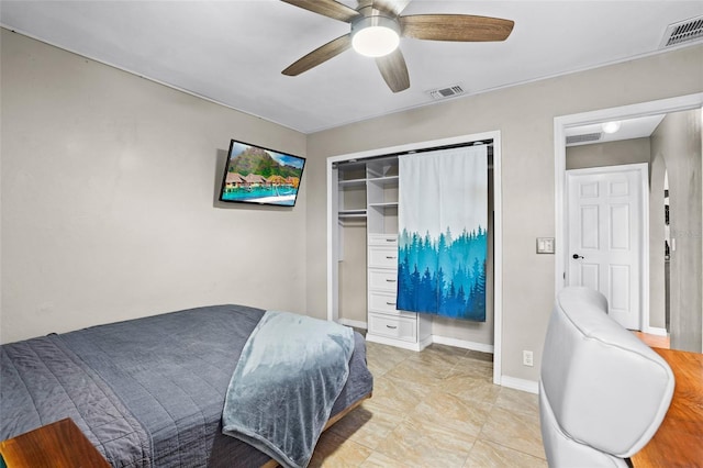 bedroom featuring a closet, visible vents, and a ceiling fan