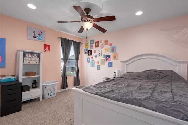 bedroom with light carpet, recessed lighting, and ceiling fan