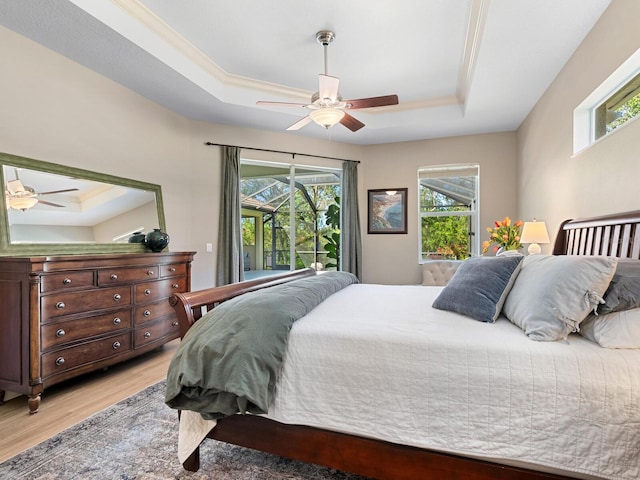 bedroom featuring a tray ceiling, multiple windows, and light wood finished floors