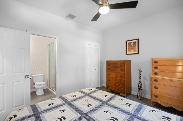 bedroom featuring a ceiling fan, connected bathroom, visible vents, and tile patterned floors