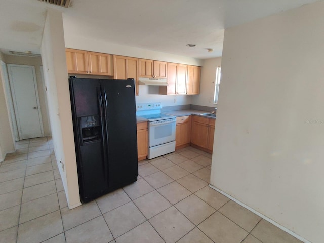 kitchen featuring white range with electric stovetop, black fridge with ice dispenser, light brown cabinets, light tile patterned flooring, and under cabinet range hood