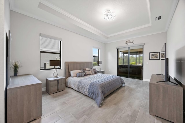 bedroom featuring a tray ceiling, access to outside, visible vents, and baseboards