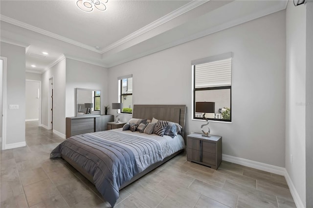 bedroom featuring crown molding, recessed lighting, and baseboards