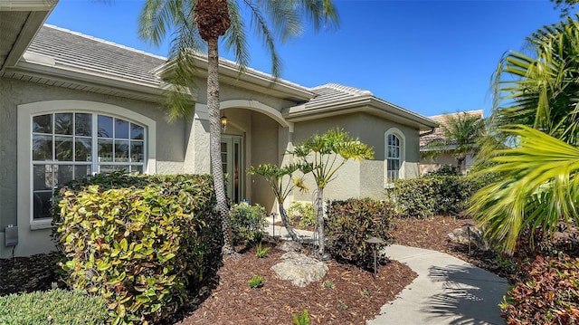 doorway to property featuring a tiled roof and stucco siding