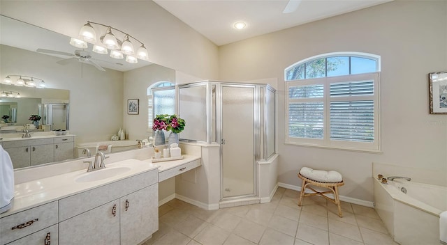 full bathroom with a stall shower, tile patterned floors, ceiling fan, and a bath