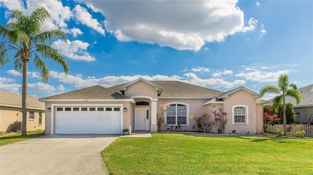 single story home featuring a front lawn, an attached garage, fence, and stucco siding