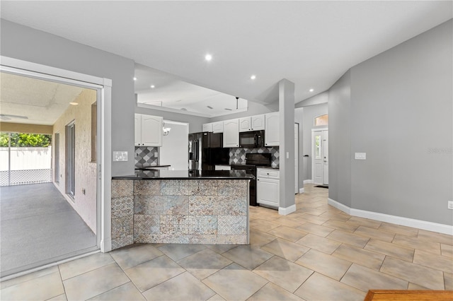 kitchen with decorative backsplash, white cabinetry, black appliances, a peninsula, and baseboards